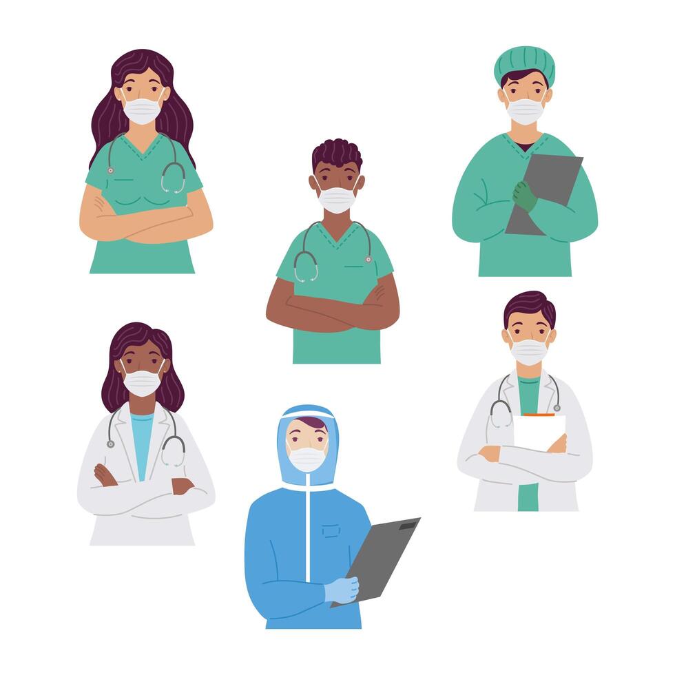 group of interracial doctors wearing medical masks characters vector