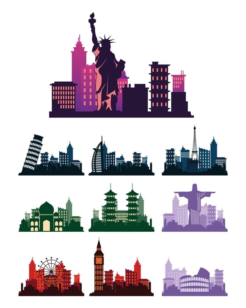 paquete de diez ciudades skylines siluetas escenas vector