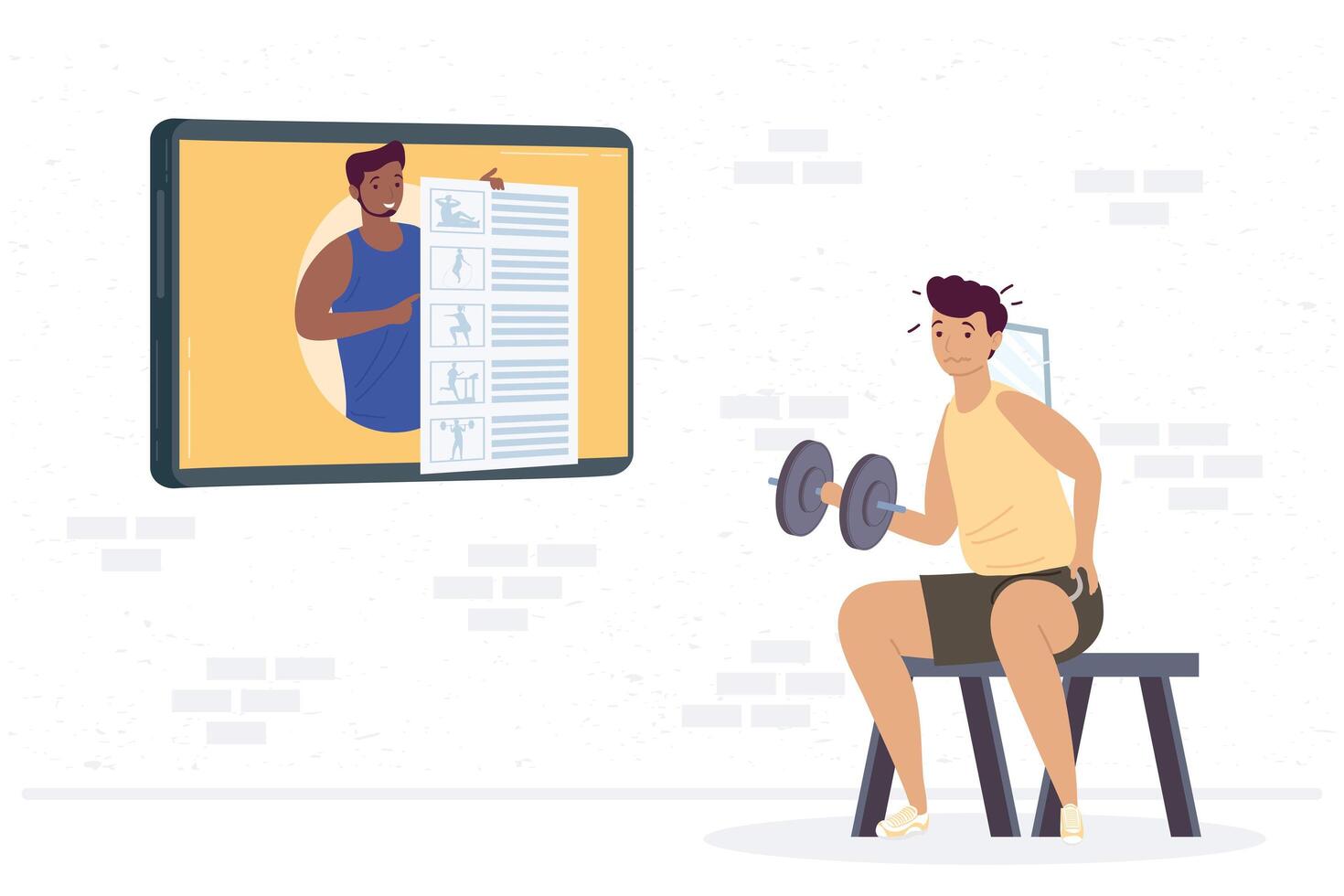 athletic man lifting dumbbell for tv online exercise 3690073 Vector Art