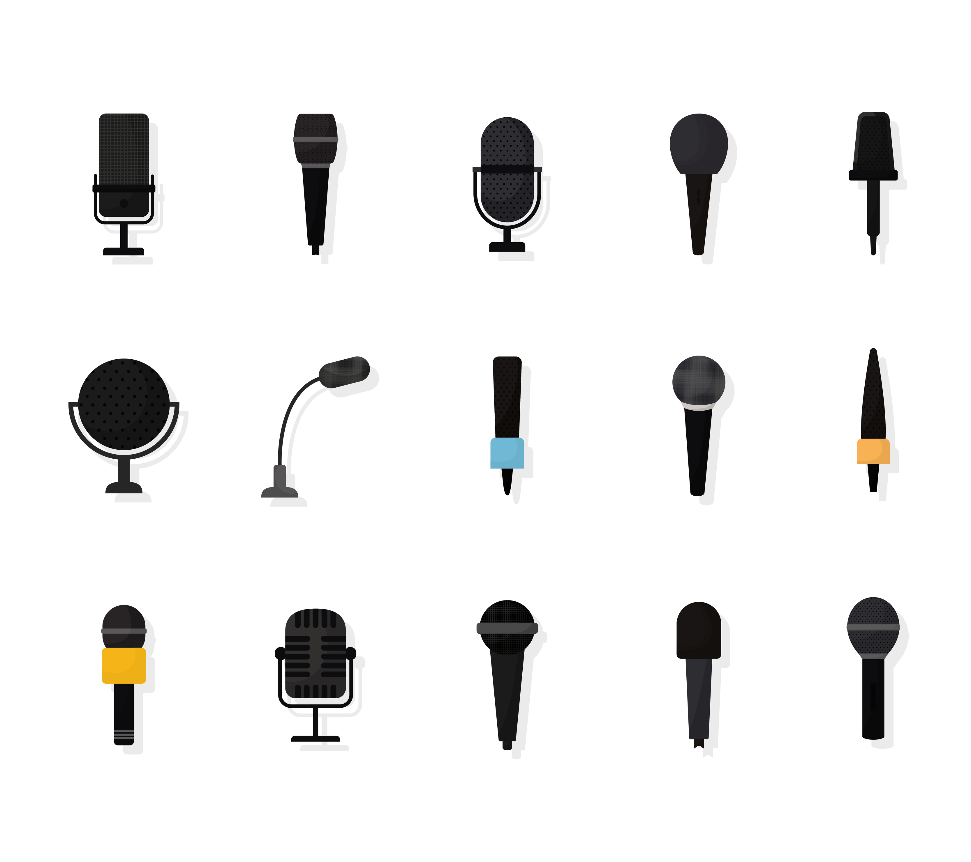 Conjunto de diferentes micrófonos inalámbricos sobre fondo blanco. 3627342  Vector en Vecteezy