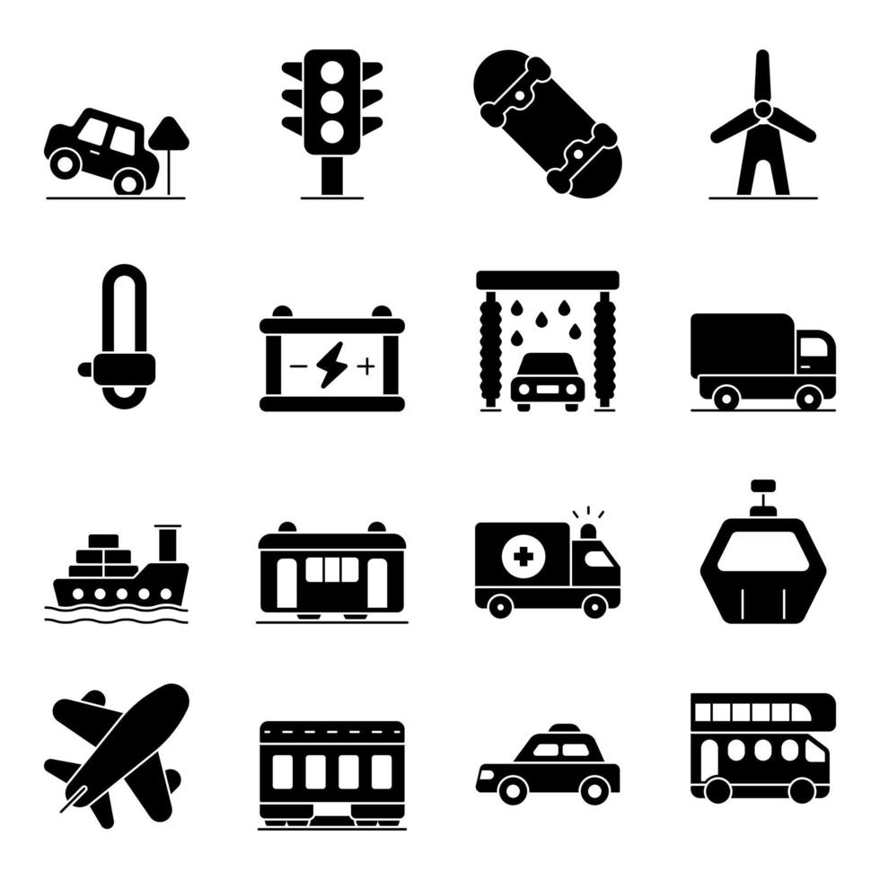 Pack of Vehicles Solid Icons vector