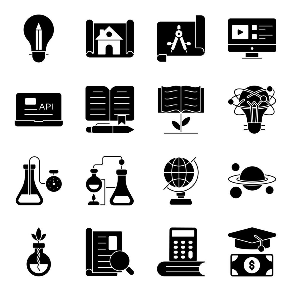 Pack of Education and Knowledge Solid Icons vector
