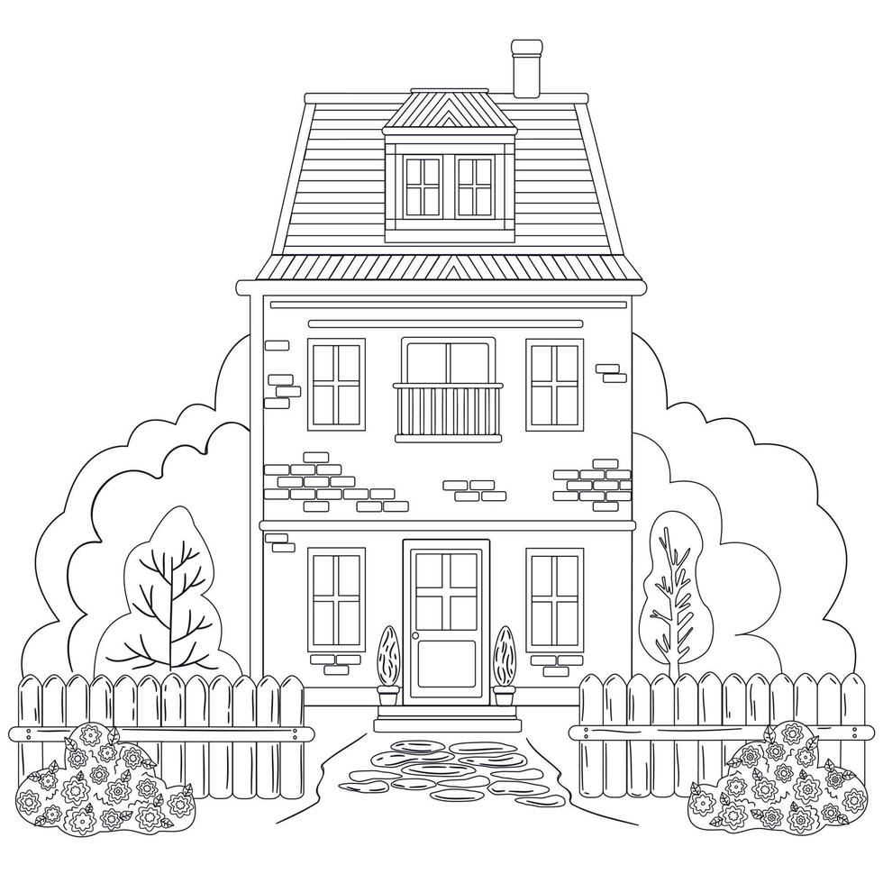 Coloring black and white drawing antistress. House on two floors with a balcony, fence and greenery around, bushes with flowers. Vector illustration for coloring, isolated on white background