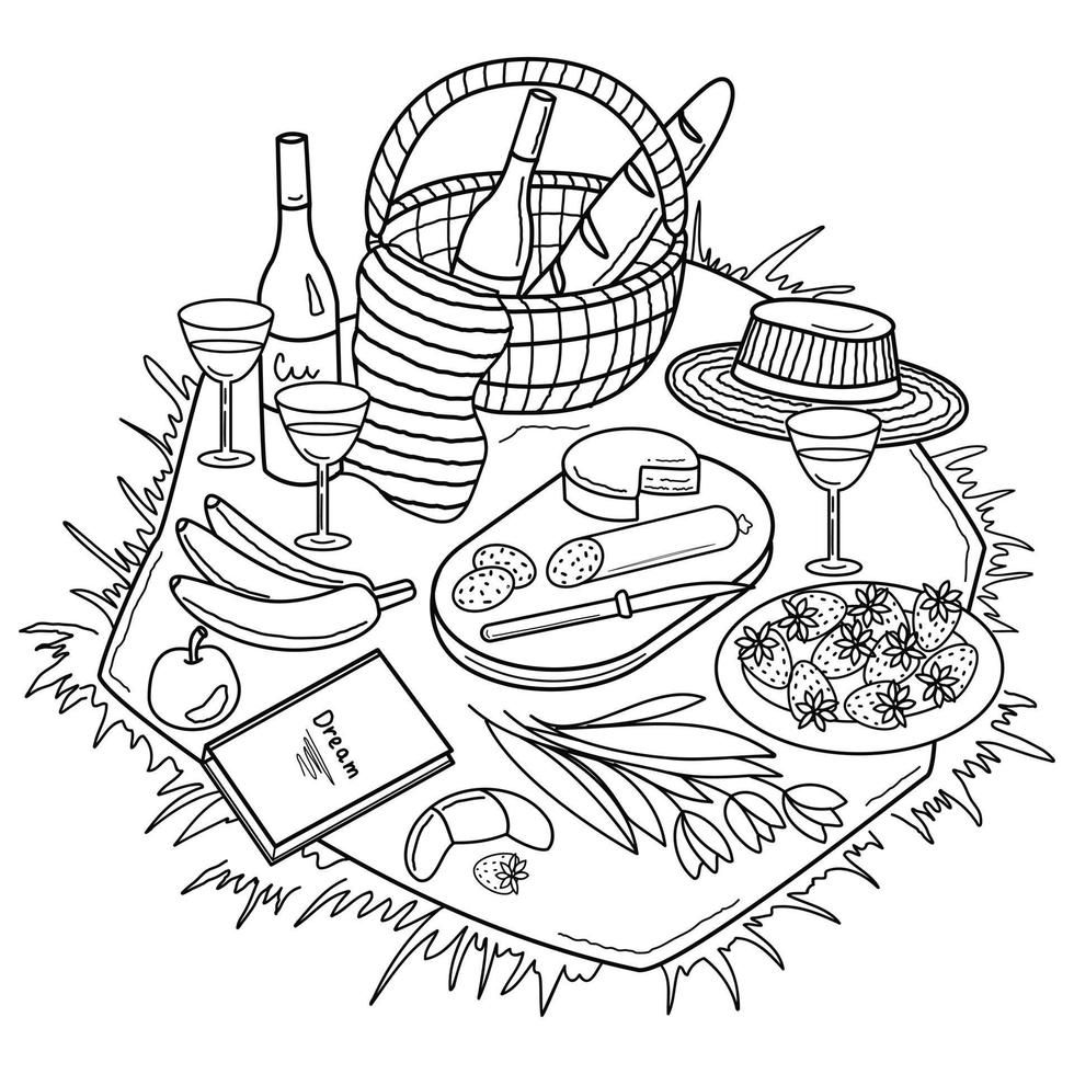 picnic basket with bottle of wine and baguette vector