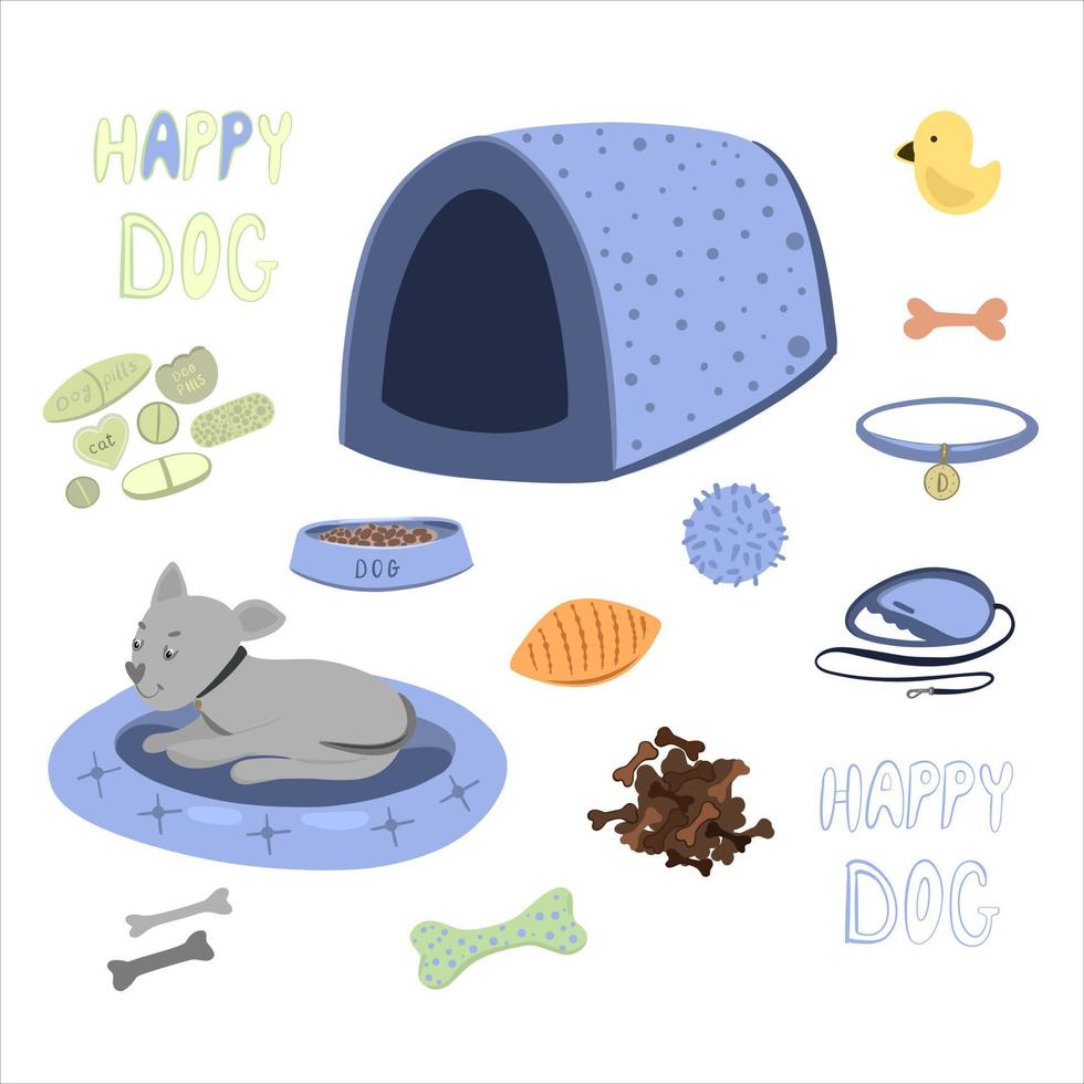 colocar. accesorios para perros, tienda de animales, comida, huesos, juguetes y cuidado. Ilustración de stock vectorial en estilo de dibujos animados aislado sobre fondo blanco. vector