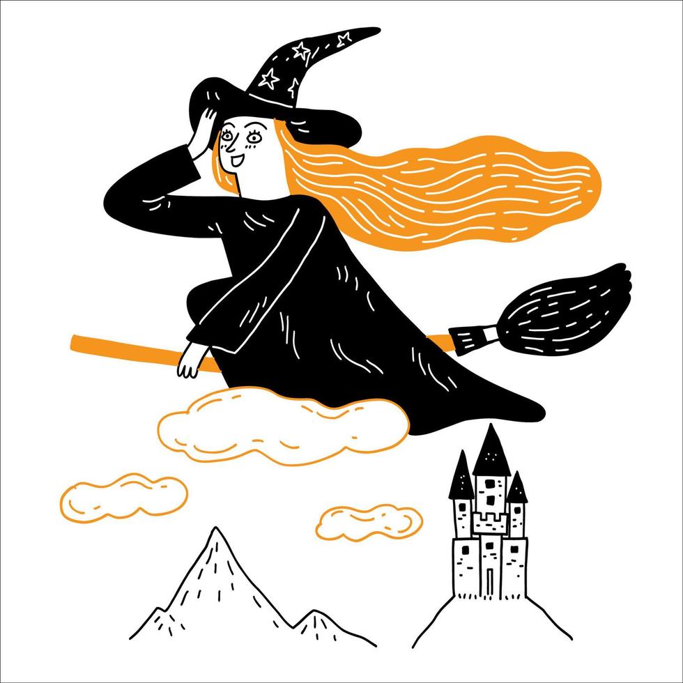 Young witch is riding a magic broom across the castle hill vector