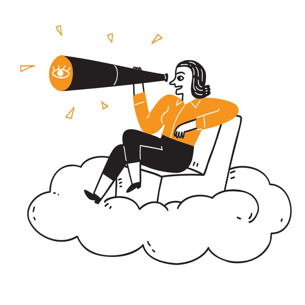 concepto de marketing empresarial, la chica guapa sentada en las nubes con un telescopio vector