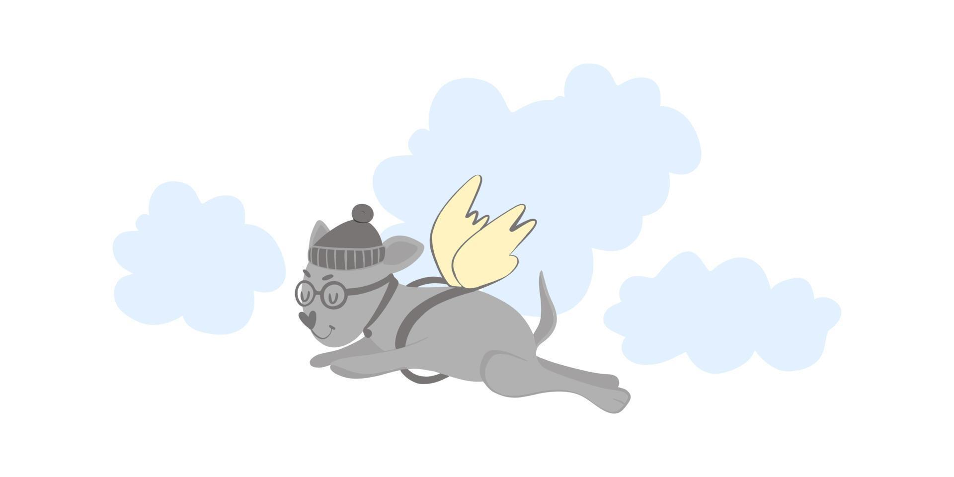 lindo perro con alas, perro volador en las nubes. Doodle de vector, ilustración de stock de dibujos animados dibujados a mano, aislado sobre fondo blanco vector