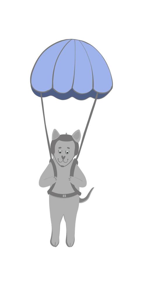 Doodle vector, cute dog flies with a parachute over the ground, dog in a pilot's hat. Stock illustration hand drawn in cartoon style, isolated on white background vector