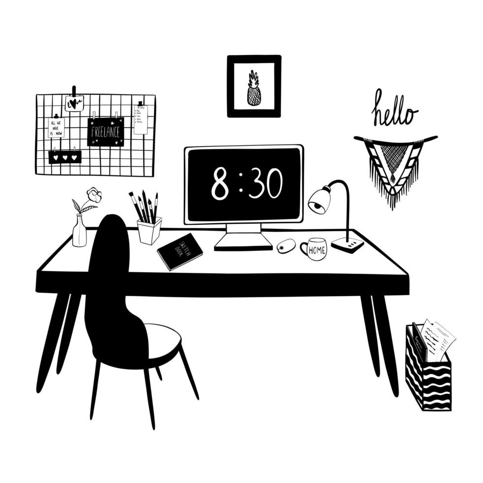 Home office, workplace. Work from home. Vector illustration, doodles. Interior. Office desk, computer, notebook, lamp, folder with paper, chair, mood board. Vector illustration, doodles.