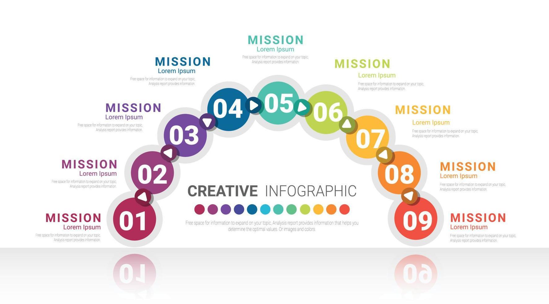 Diseño de medio círculo de elementos nfográficos con 9 opciones o pasos, concepto de negocio. vector