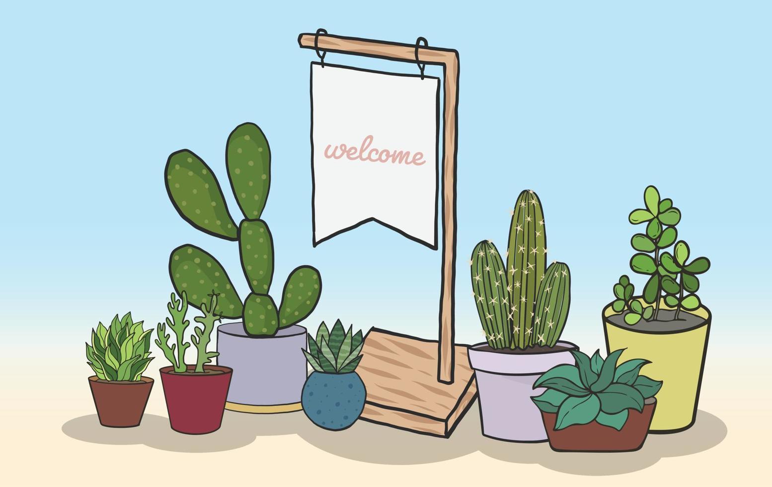 Plantas en macetas con pizarra para escribir mensajes. vector