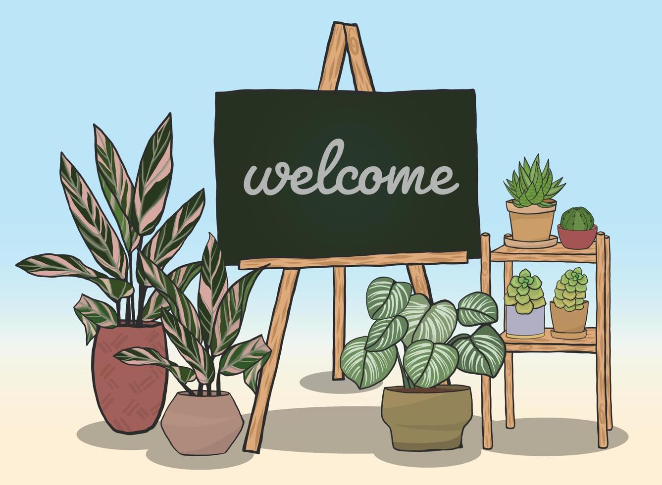 Potted plants with Black board for writing messages vector