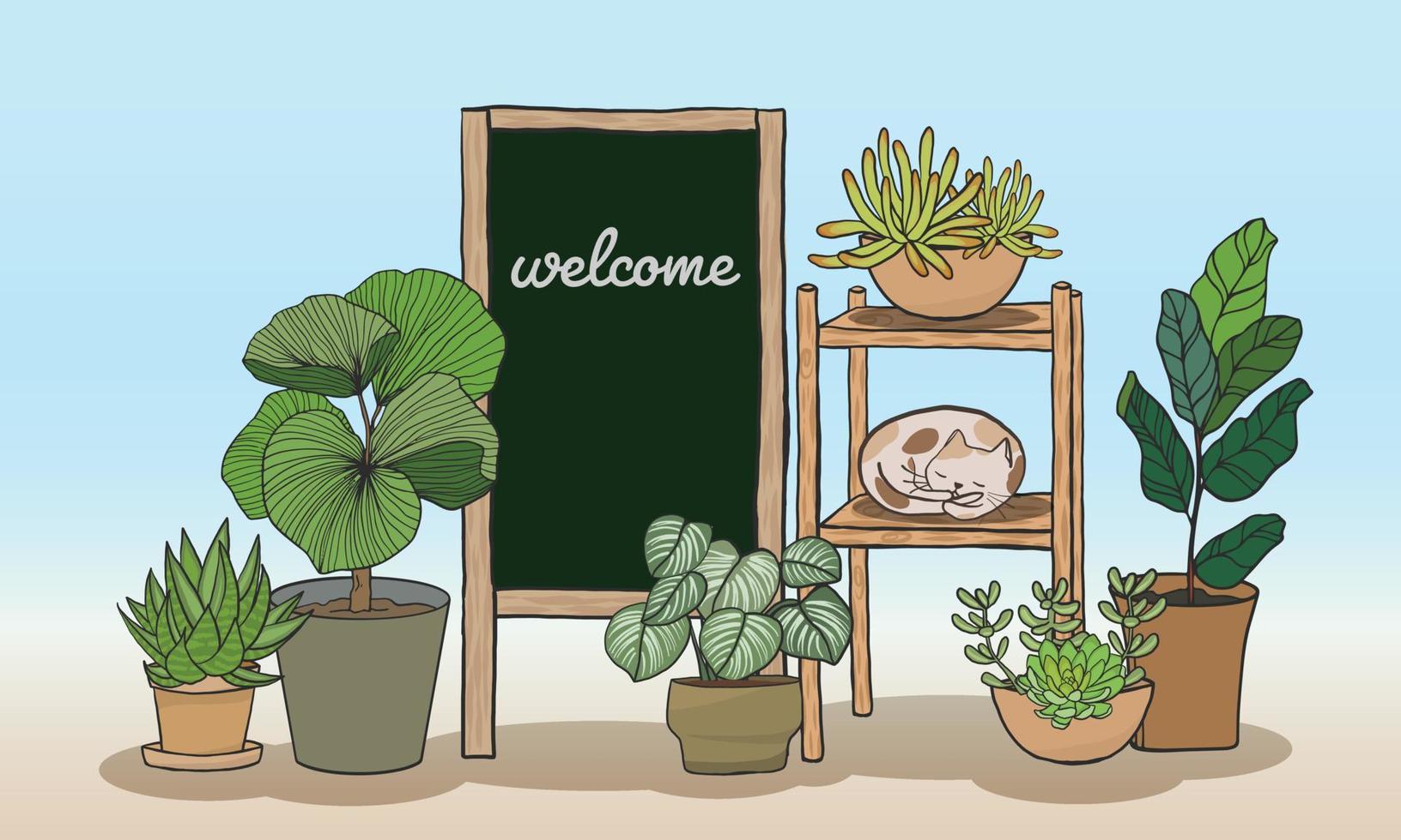 Plantas en macetas con tablero negro para escribir mensajes. vector