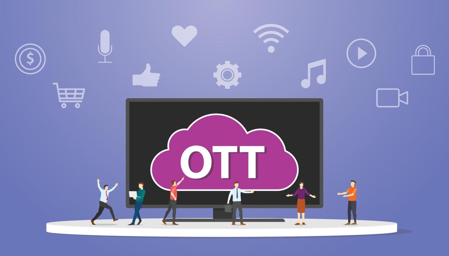 ott over the top platform service concept with people around smart tv modern flat style vector