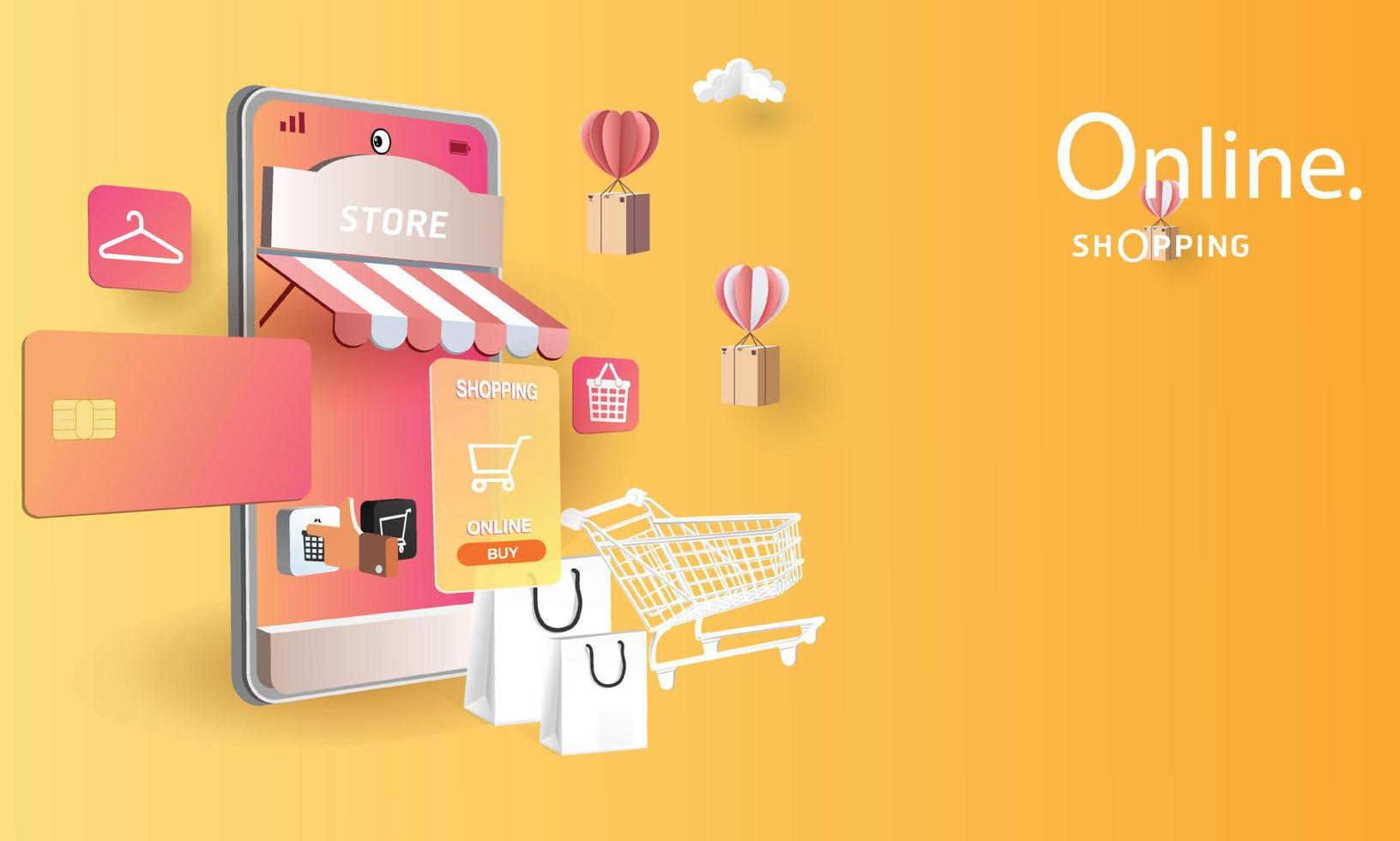 Compras de arte en papel en línea en teléfonos inteligentes y promoción de venta de nueva compra fondo rosa para el concepto de mujeres de comercio electrónico de mercado de banner. vector