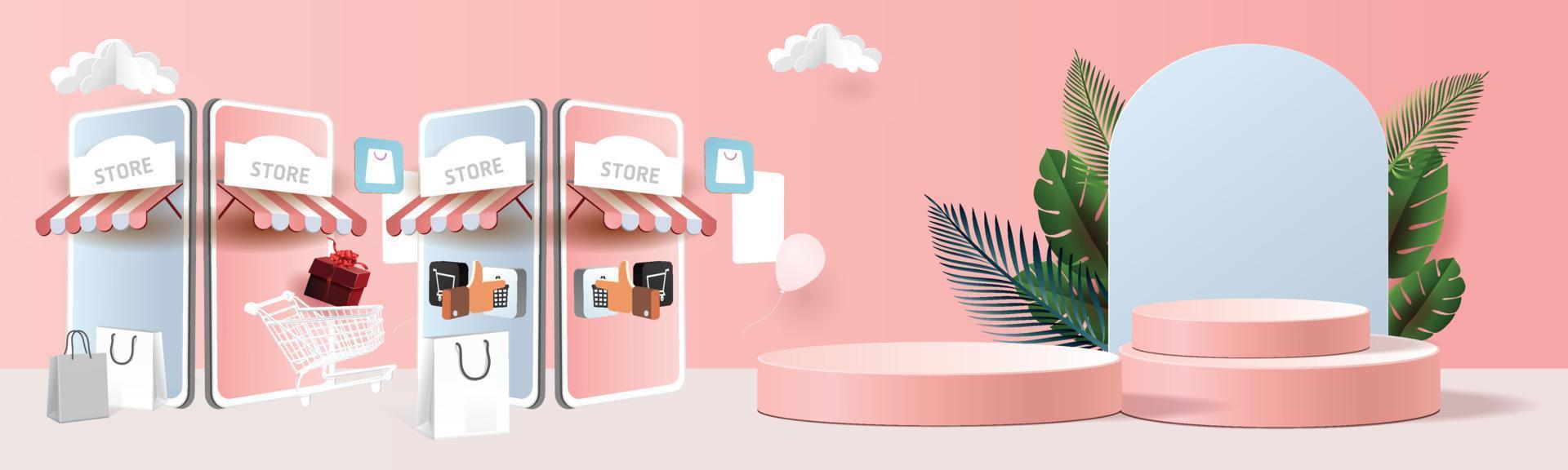 paper art shopping online on smartphone and new buy sale promotion pink backgroud for banner market ecommerce women concept. vector
