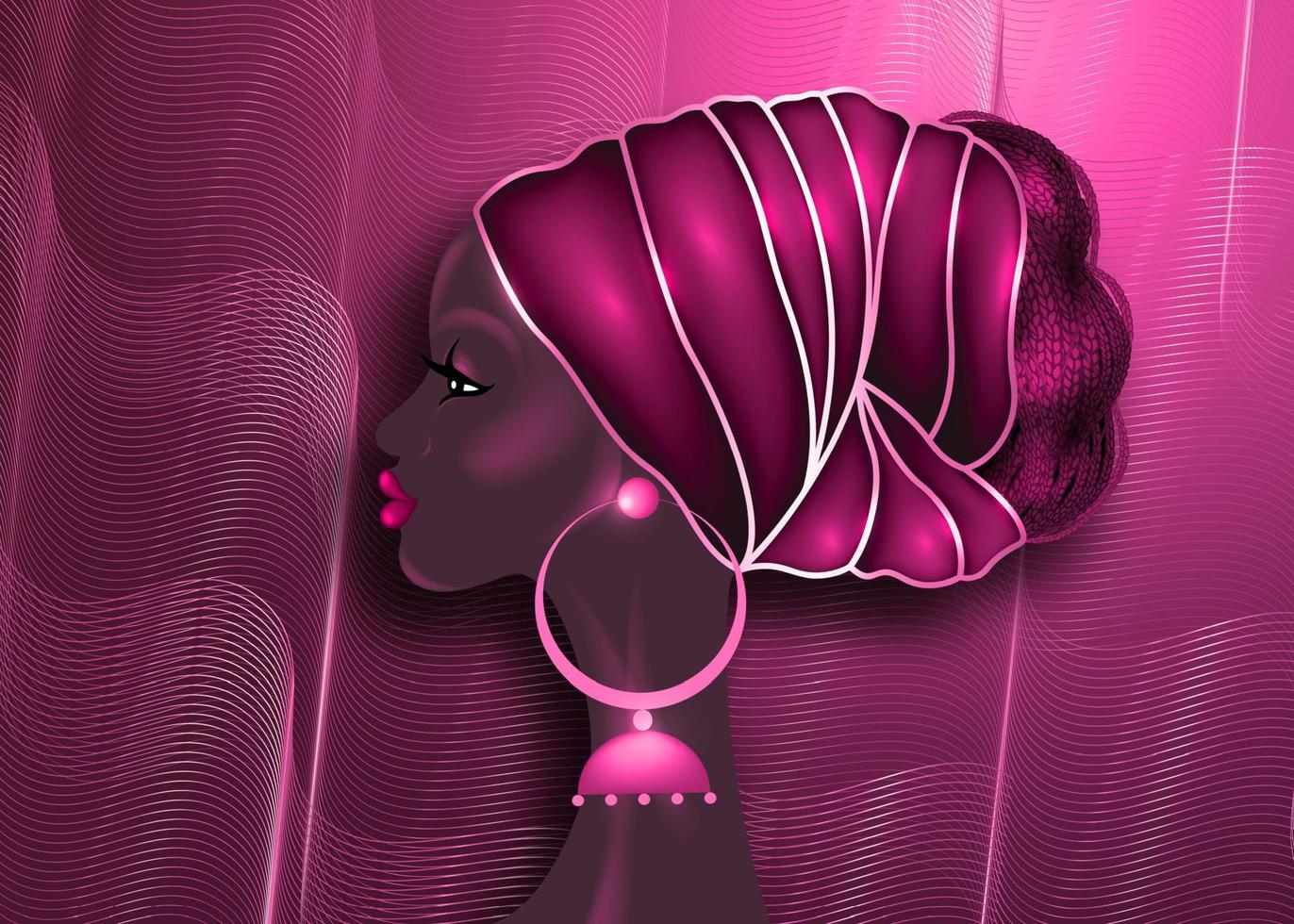 Peinado afro, hermoso retrato de mujer africana en turbante rojo de tela estampada de cera, concepto de diversidad. Reina negra, diadema étnica para trenzas afro y cabello rizado rizado. vector de fondo de moda rosa