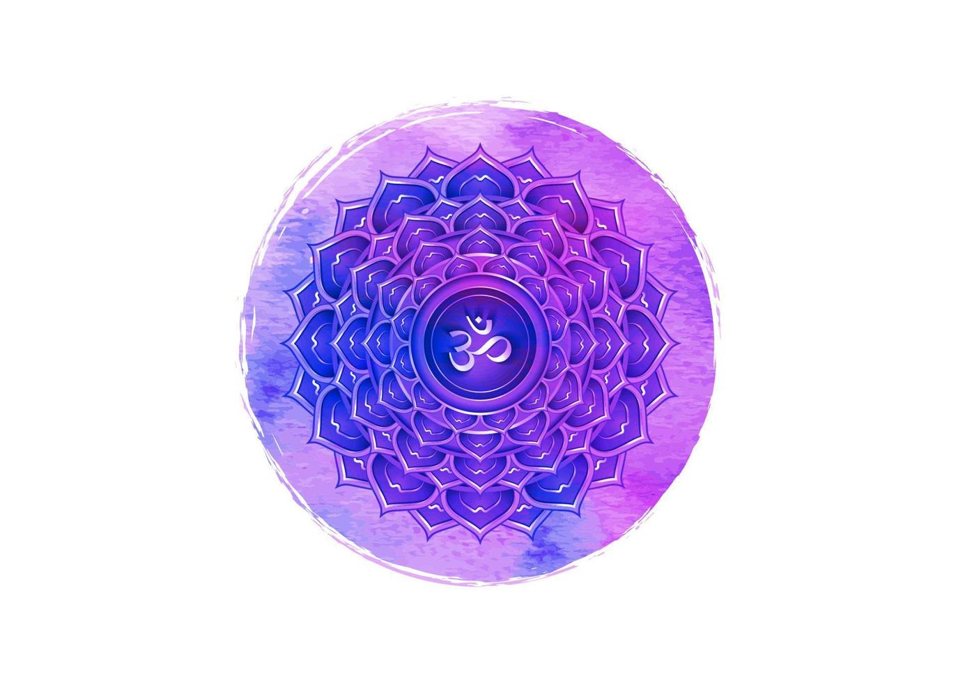 Plantilla de logotipo de séptimo chakra sahasrara. símbolo del chakra de la corona, meditación del signo sacro de loto púrpura acuarela, icono de mandala redondo de yoga, símbolo om en el centro, vector aislado sobre fondo blanco