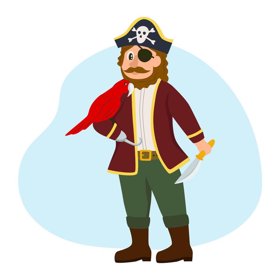 lindo pirata con un loro en el hombro. personaje. ilustración vectorial plana vector
