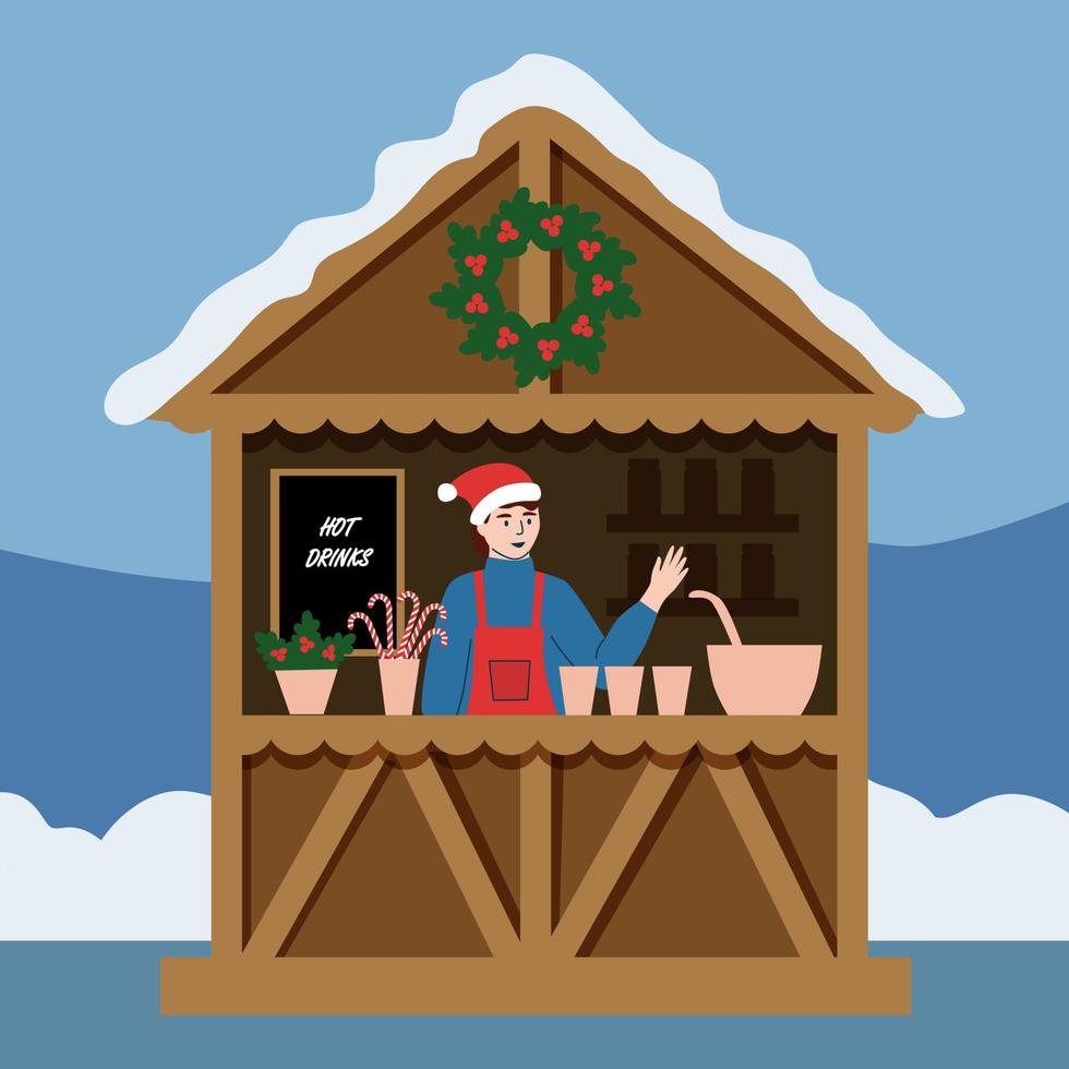 Christmas market. A counter with hot drinks, mulled wine, coffee. Flat vector illustration