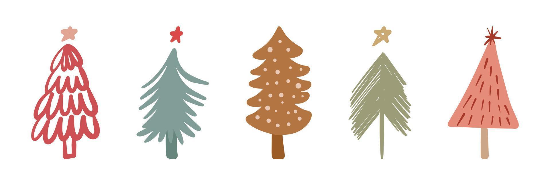 conjunto de simple doodle infantil dibujado a mano árbol de Navidad minimalista. año nuevo festivo, colección de elementos de diseño de vacaciones de invierno vector