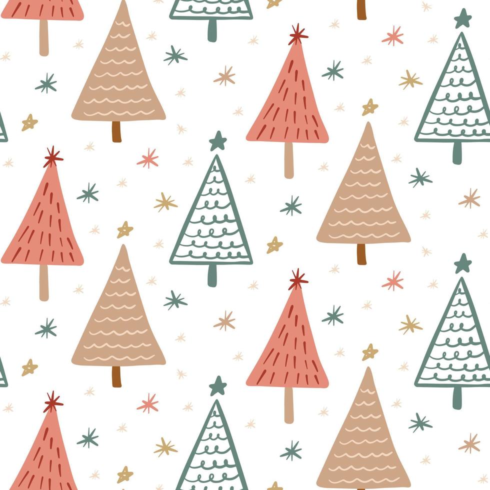 Cute Boho winter season holiday childish seamless pattern with minimalist hand drawn Christmas tree doodle. Beautiful New Year children naive background design, textile print vector