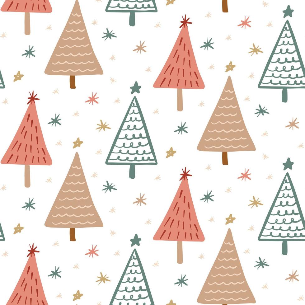 Cute Boho winter season holiday childish seamless pattern with minimalist hand drawn Christmas tree doodle. Beautiful New Year children naive background design, textile print vector