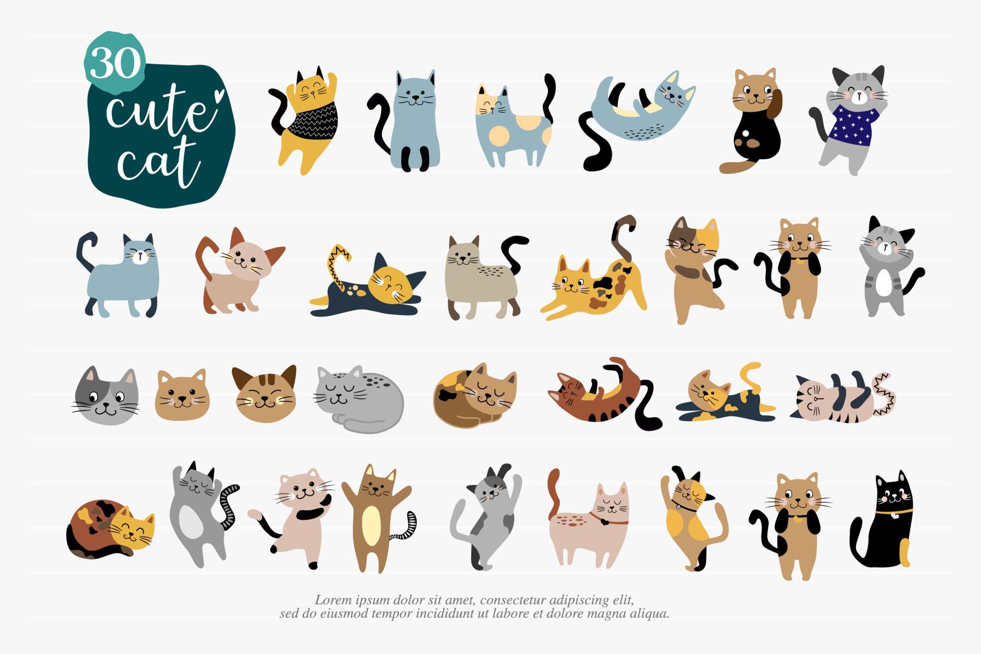 Cartoon cat set with emotions and different poses. Cat behavior, 30