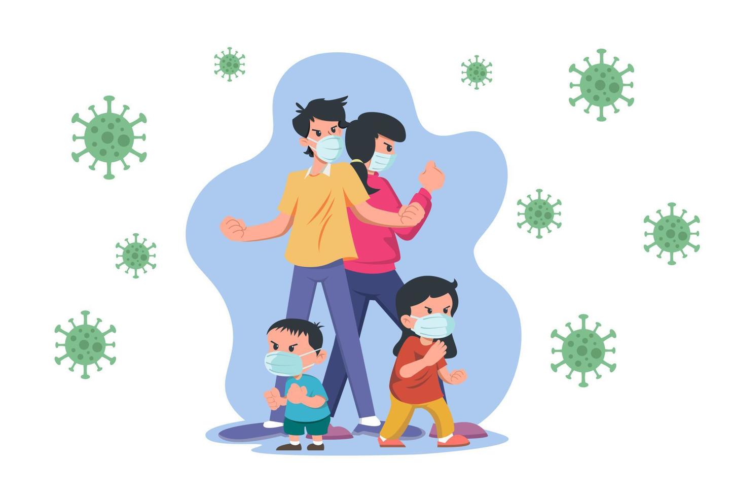 family wearing mask for protection vector