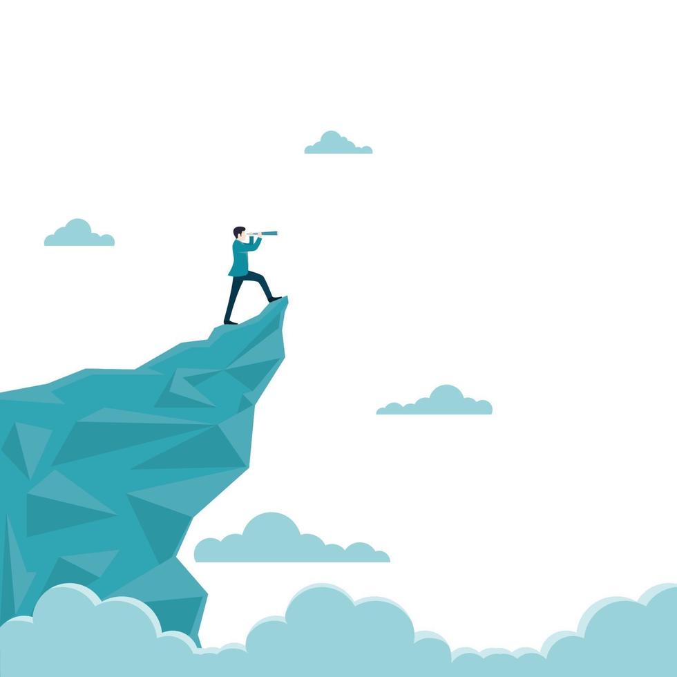 Businessman standing on top of a mountain hold the telescope vector