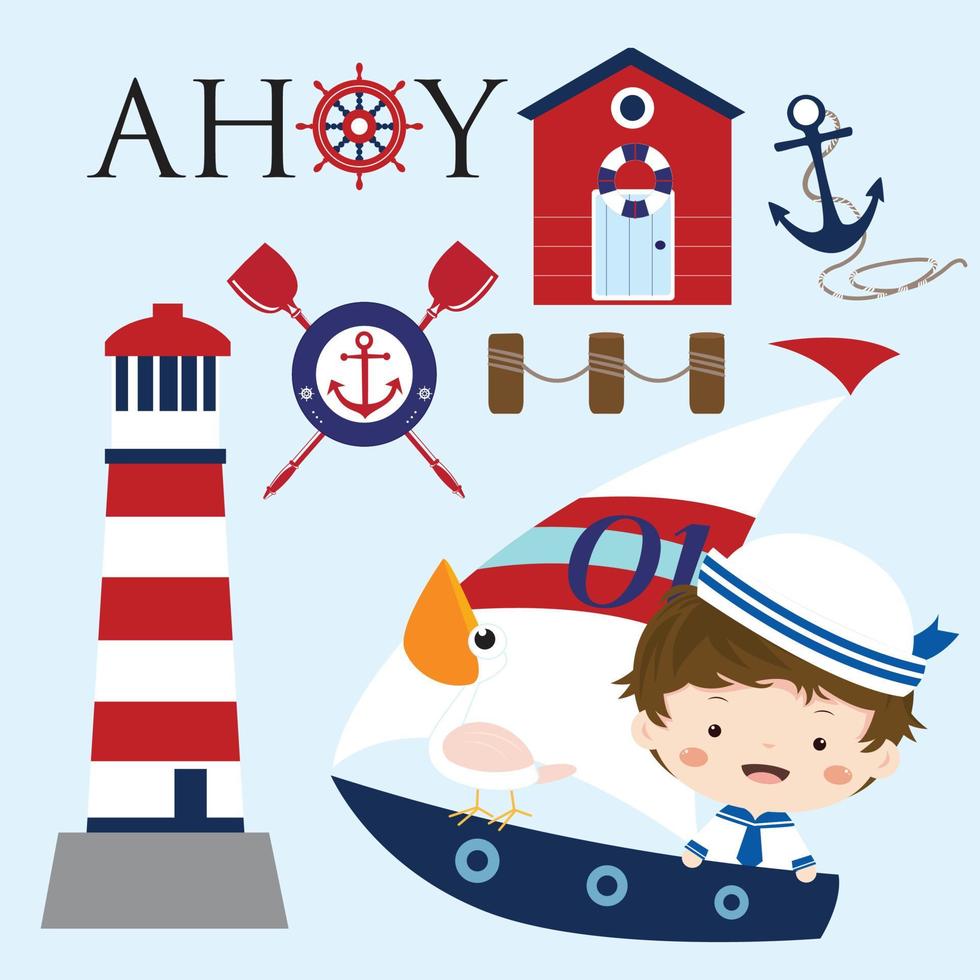 marinero, niño, en, el, barco, clipart vector