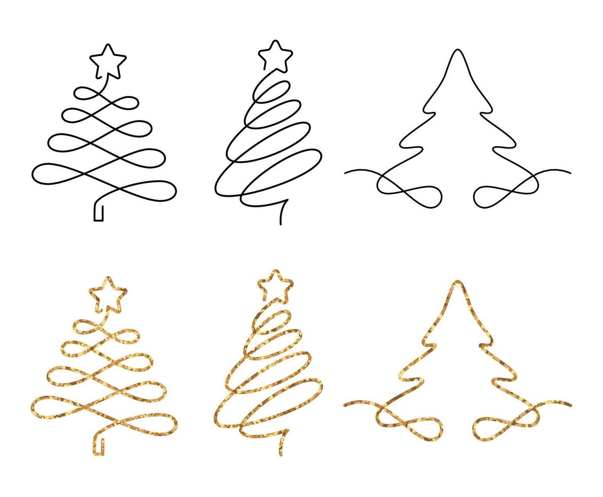 Christmas trees in one line drawing style. Set of fir trees with editable strokes and glitter effect. vector