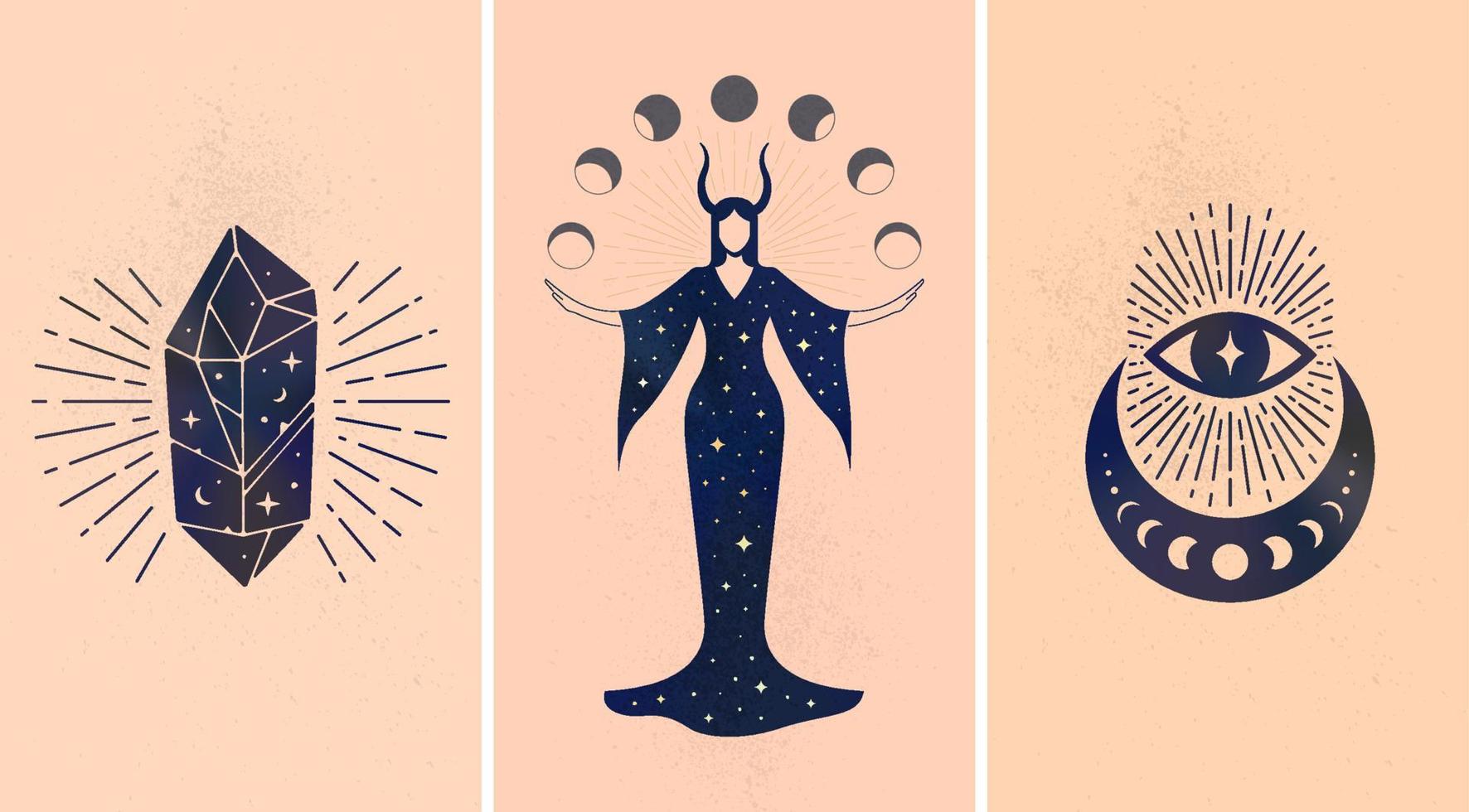 Set of black mystic ornaments depicted on beige background as symbols of magic and astrology. vector