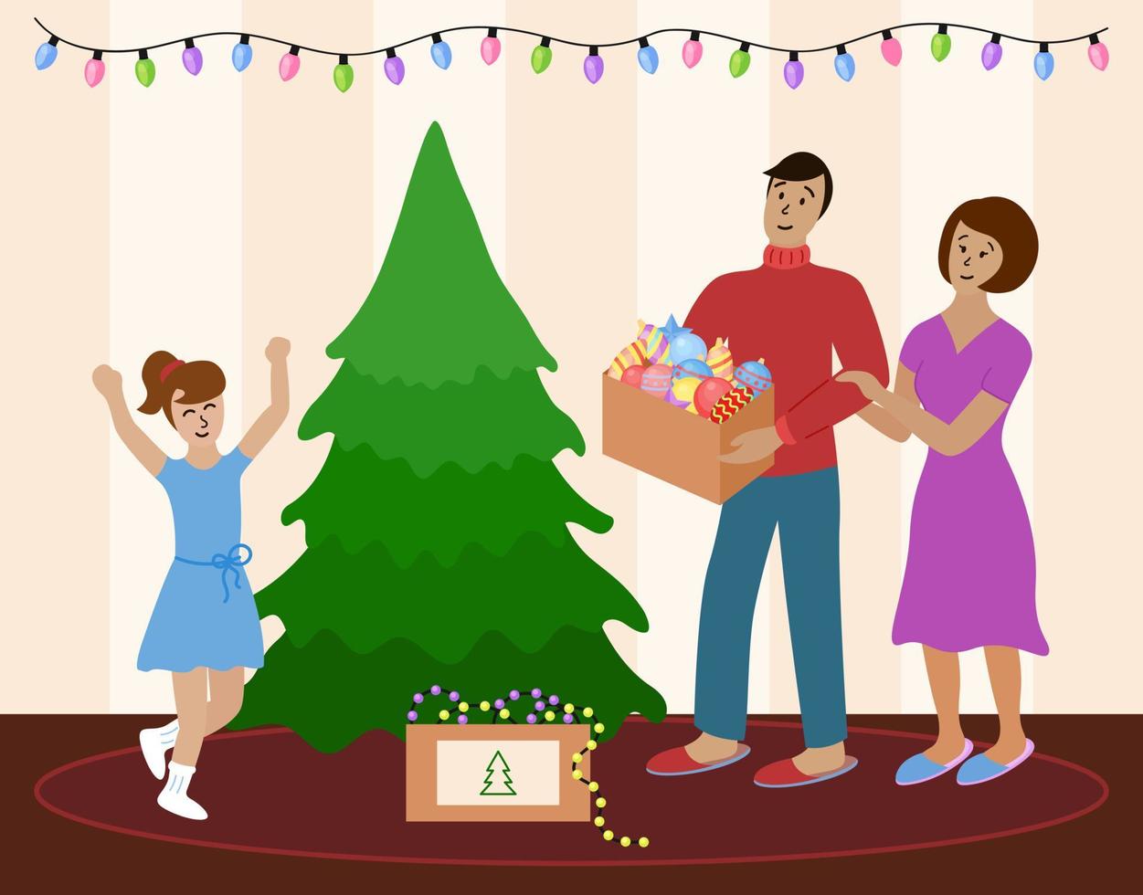 Family decorates Christmas tree together. Mom, dad and child daughter are going to prepare for celebration of Christmas and New year. Home holidays concept. Happy parents and girl have fun. vector