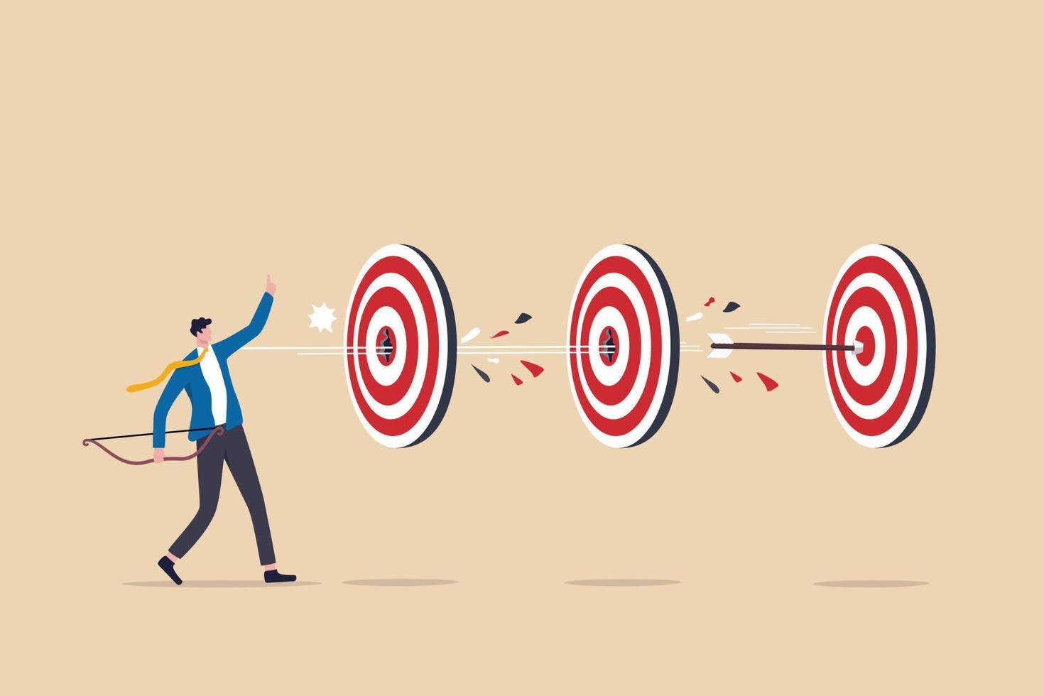 Completed multiple tasks with single action, business advantage or efficiency to success and achieve many targets with small effort, smart businessman archery hit multiple bullseye with single arrow. vector