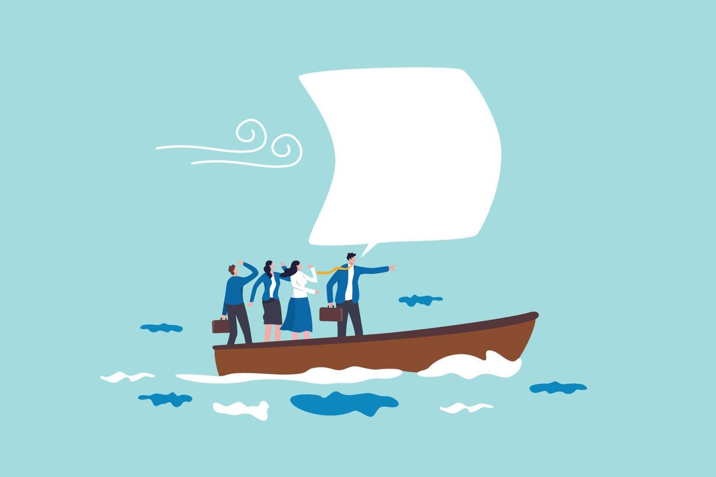 Leadership to lead team and guide direction, motivation and inspiration to drive company to achieve success concept, confidence businessman manager leader with speech bubble to sail the ship forward. vector