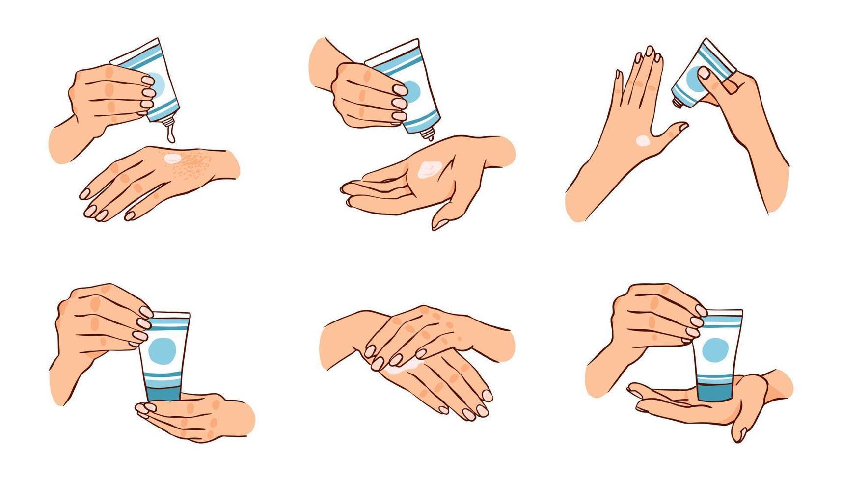 The girl uses a cream for dry hands. Vector set with hands holding a tube of cream. Body care.