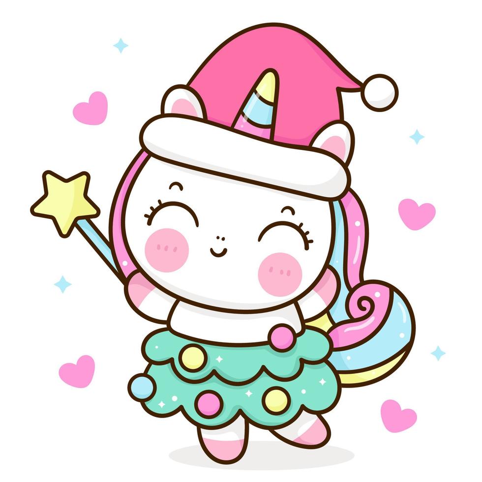 Cute unicorn cartoon kawaii vector wear santa hat Christmas festival animal horn horse fairytale illustration with magic wand