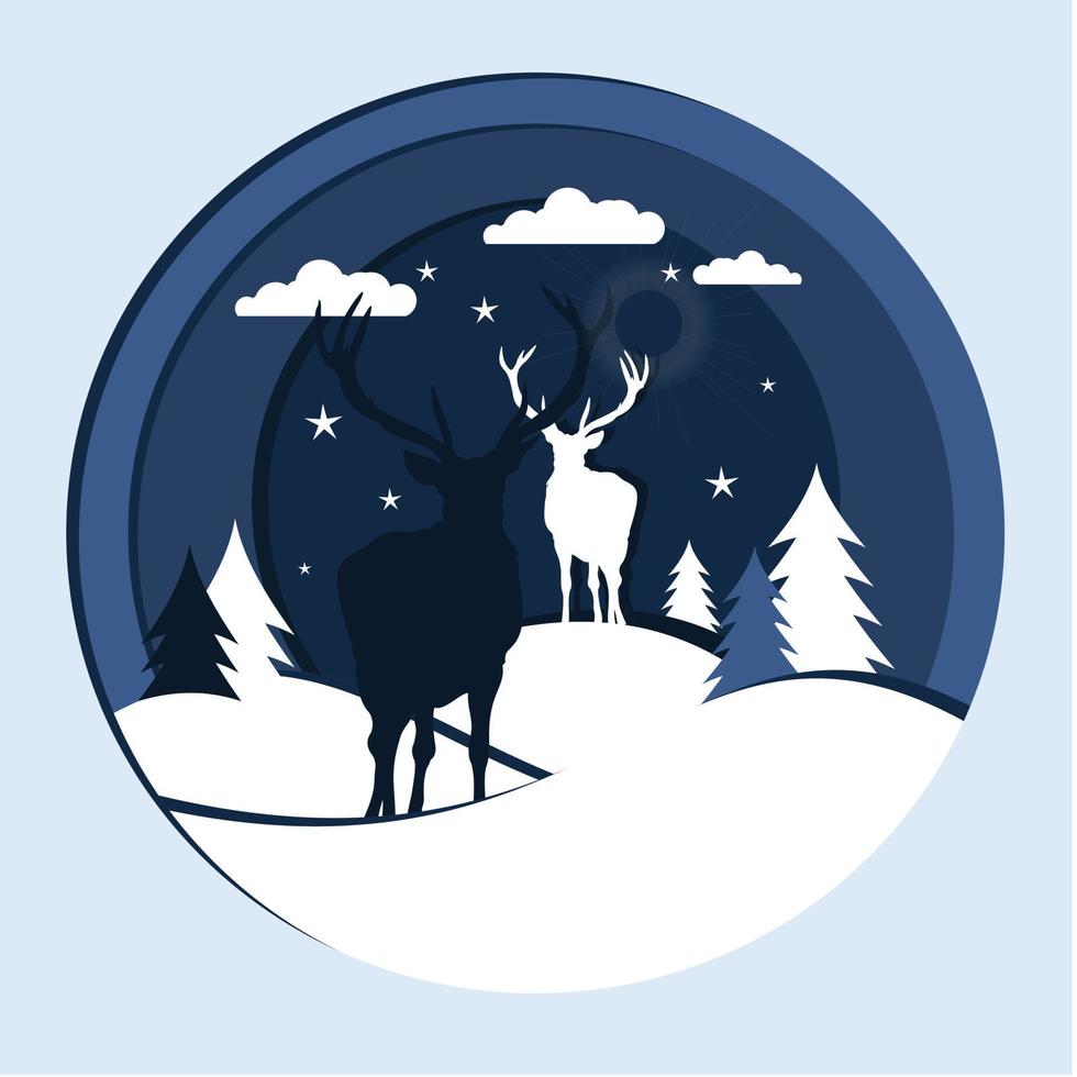 A Christmas background snow falling on the hills ,two deer and little stars in background. vector