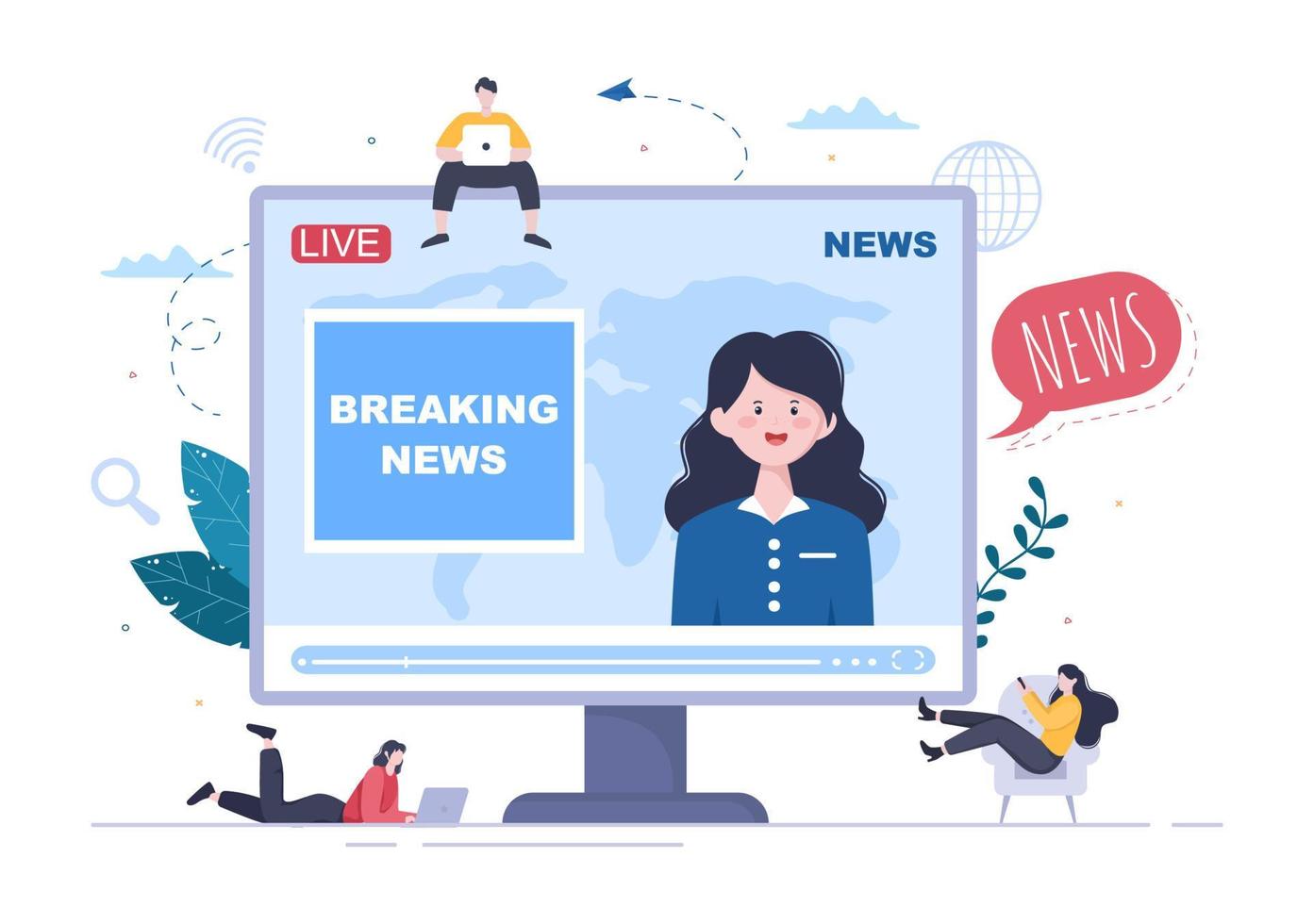 Breaking News Reporter Background Vector Illustration With Broadcaster or Journalist on the Monitor About Information Incident, Activities, Weather and Announcements
