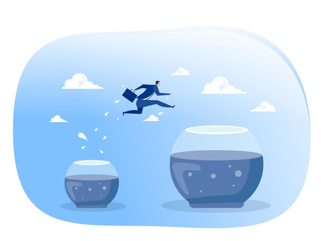 Businessman jumping into bigger empty aquarium. New life, big opportunities, challenge, comfort zone concept Vector illustration.