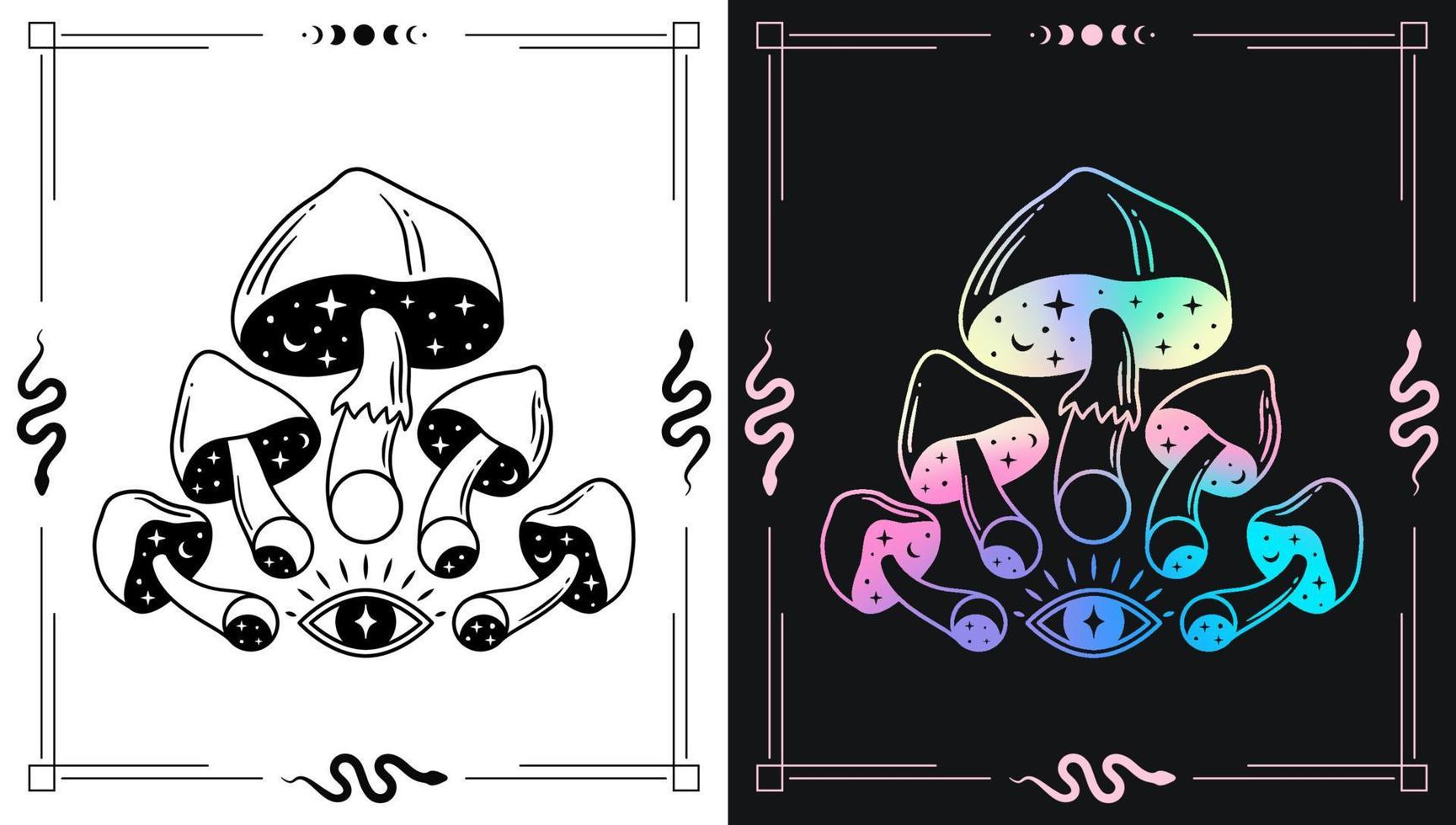 Mushrooms and moon phases for esoteric theme designs. Black and while and holographic gradient poster. vector