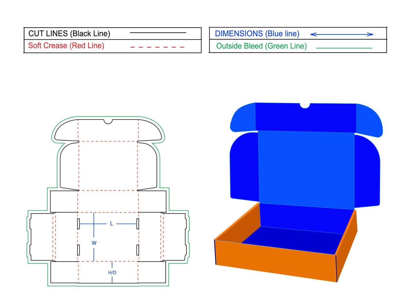 caja de suscripción de correo con muescas de ranura de solapa envío corrugado plantilla de dieline de vector de caja de extremo de 2 rollos y archivo de renderizado de vector 3d