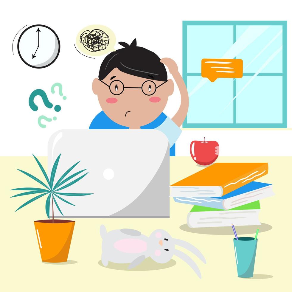 Online, remote, e- education, children education, online school, home schooling concept. Sad and confused boy. Not understanding learning process. Vector illustration.