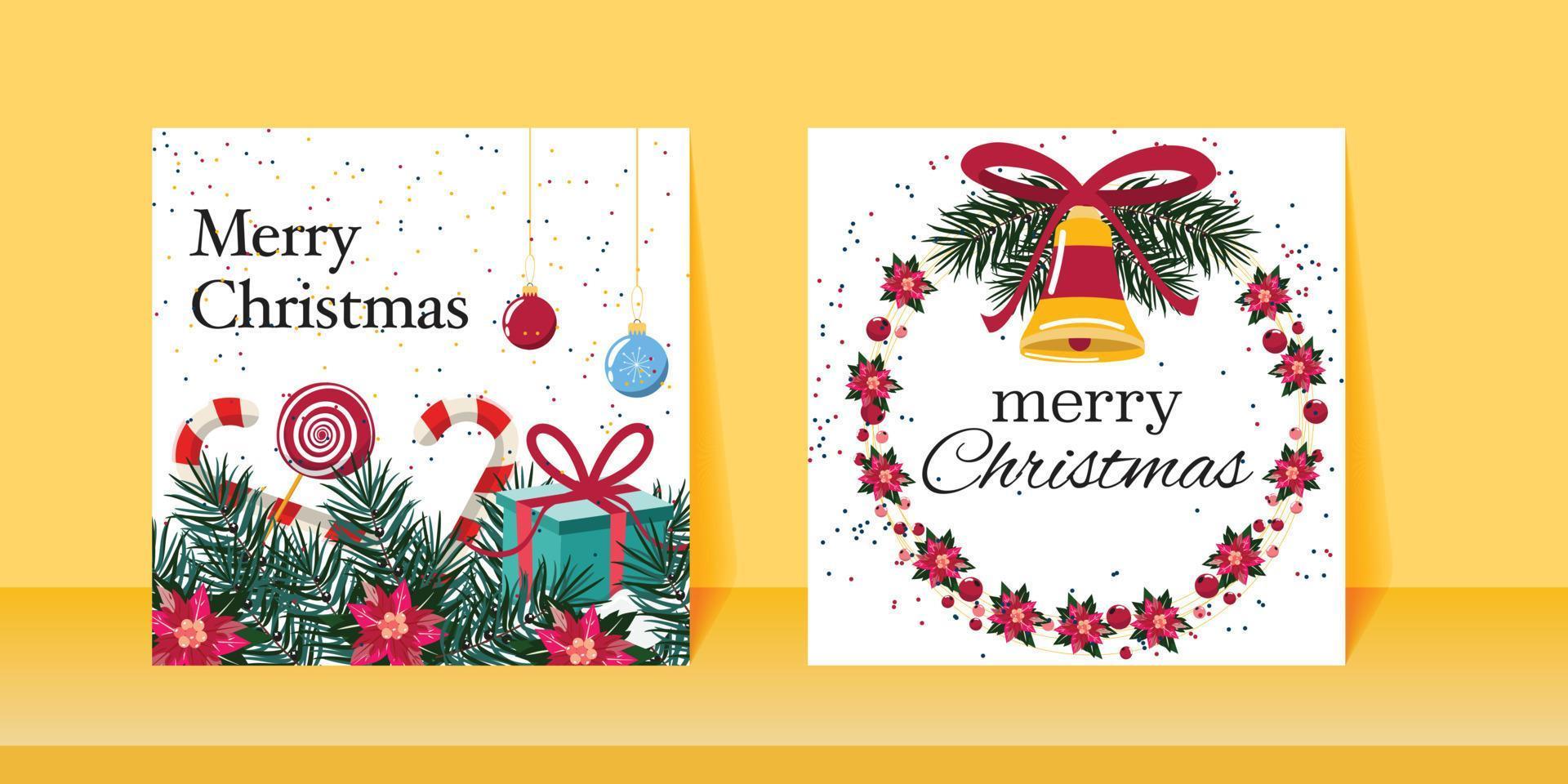 coloridas tarjetas navideñas cuadradas con campana, ramas de pino, cajas de regalo, dulces y flores. tarjetas de feliz navidad. lindas tarjetas de felicitación cuadradas para navidad. vector