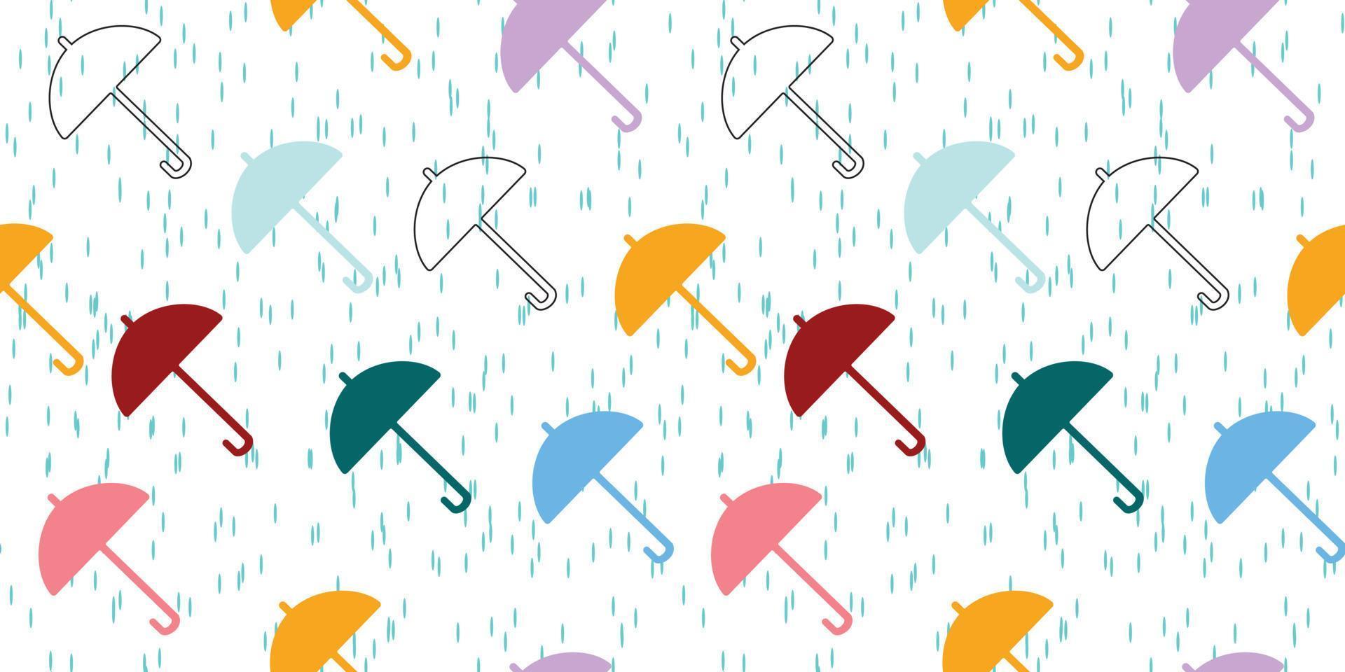 Seamless pattern with umbrella and rain. Colourful umbrellas  in the rain. Background with bright umbrellas. For textile, paper, packaging and wallpaper. Vector pattern.