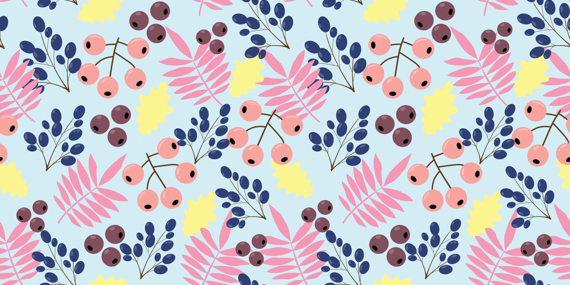 Leaves and berries pattern. Seamless pattern with pink rowan leaves, yellow oak leaves with berries. Autumn blue background with leaves and berries. For textile, paper, wallpaper, packaging. vector