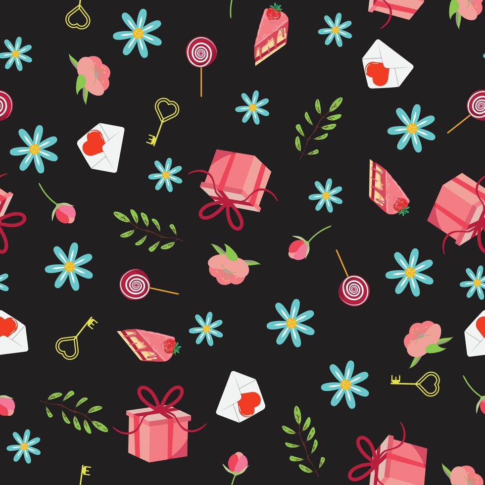 Seamless pattern with hearts, envelopes, gift boxes, flowers, slice of cake, candies and keys. Cute seamless patter for textile, paper, wrapping paper, packaging. Valentine's day pattern. vector
