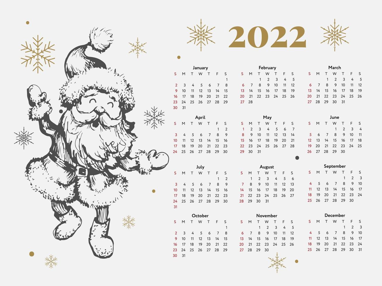 2022 árbol de navidad año nuevo bosquejo calendario semana comienza el domingo. vector